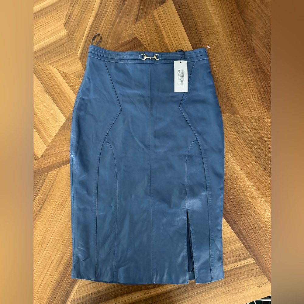 Leather Snaffle Trim Pencil Skirt Mid Blue